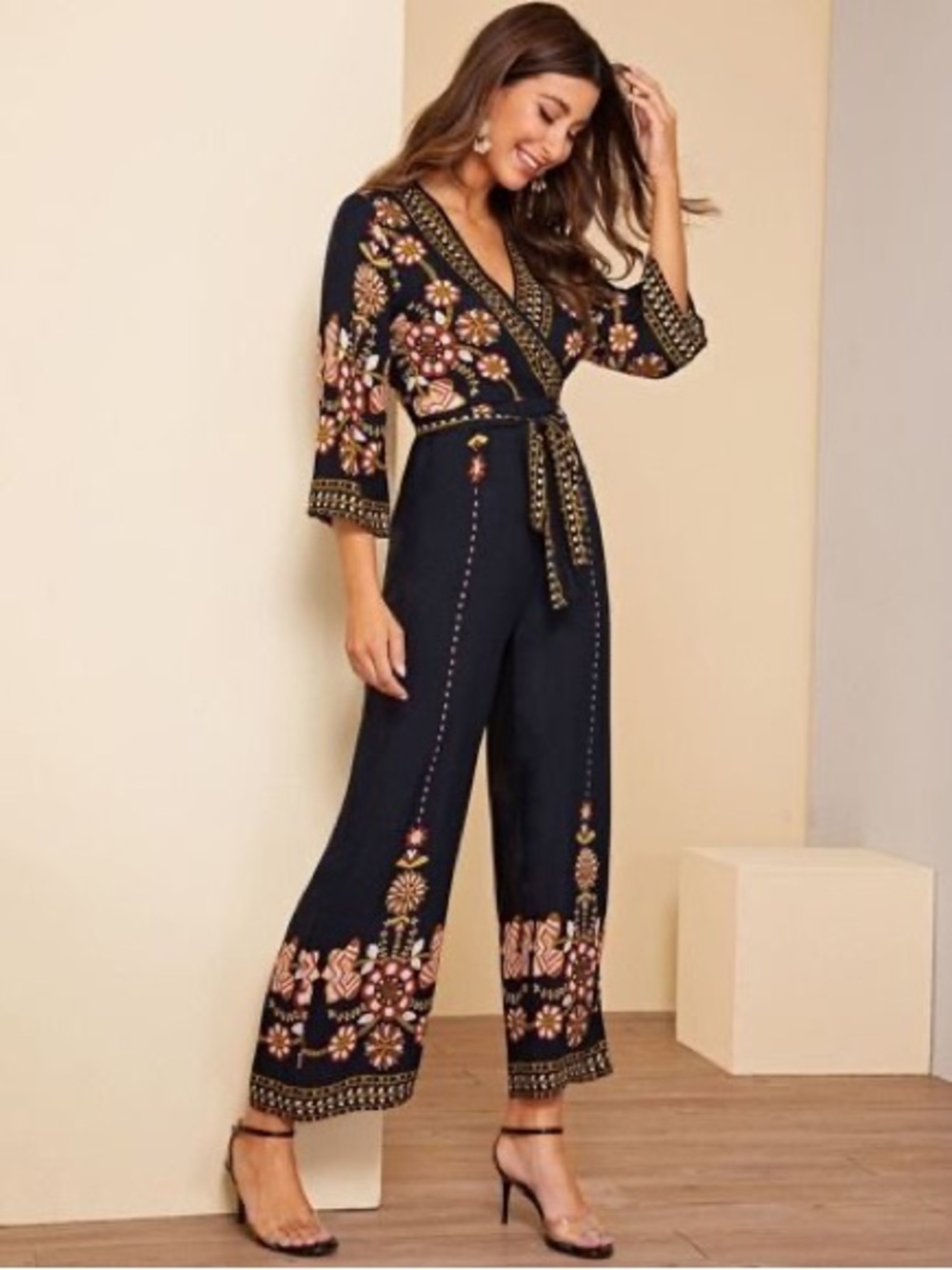 Boho Wide Leg Jumpsuit Navy Blue Floral Pattern Size XXL